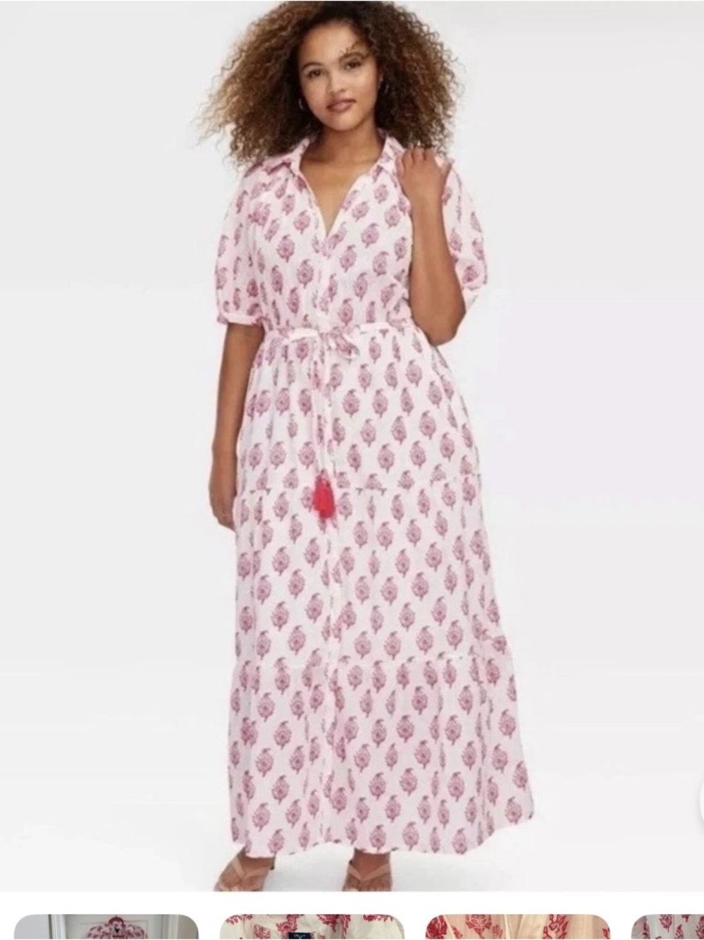 Roller Rabbit Pink Printed Tie-Waist Maxi Dress with Red Tassel